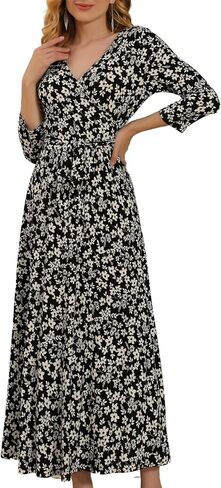 Aphratti Womens Faux Wrap V Neck 3/4 Sleeve Maxi Dress Casual Floral Fit and Flare Long Dresses in Saudi Arabia