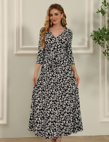 Aphratti Womens Faux Wrap V Neck 3/4 Sleeve Maxi Dress Casual Floral Fit and Flare Long Dresses in Saudi Arabia