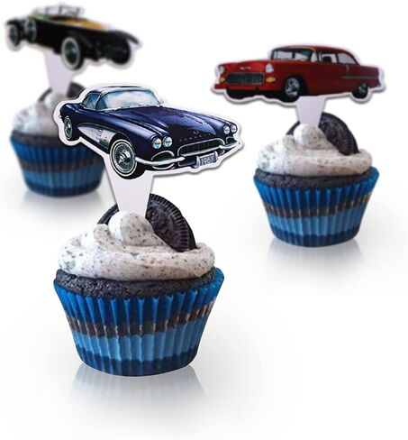 Classic Cars 24 PCS Cupcake Toppers ، 1950's Collectible Vintage Seep Mission Supplies Fords Favors ، Cake Bicks for Birthday Anniversary Wedding Account in Kuwait