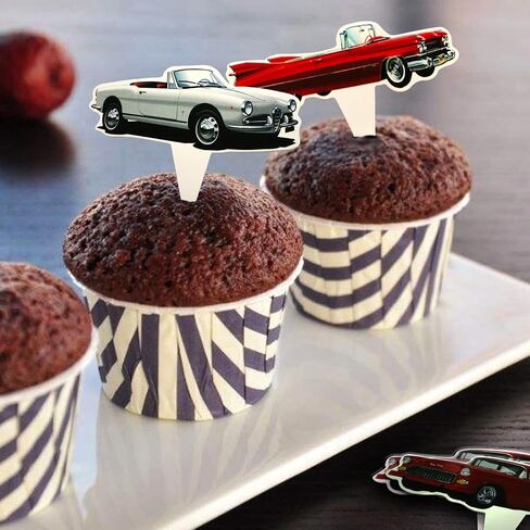 Classic Cars 24 PCS Cupcake Toppers ، 1950's Collectible Vintage Seep Mission Supplies Fords Favors ، Cake Bicks for Birthday Anniversary Wedding Account in Kuwait