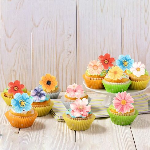 Rsstarxi 60 Pack Flowers Edible Cupcake Toppers Rice Paper Daisy Sunflower Cherry Blossom Cupcake Picks Decoration for Spring Summer Baby Shower Wedding Birthday Party Cake Decorations in Saudi Arabia