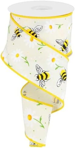 Bumble Bees & Daisies Wired Edge Ribbon - 10 Yards (2.5 Inch, Beige) in Saudi Arabia