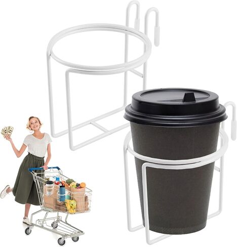 2 Pcs Shopping Cart Cup Holder, Updated Portable Cup Holder with Bottom Bar Stainless Steel Cup Holder Reusable Shopping Carts Drink Holder for Hanging Coffee Cup Tapered Cup Baby Bottle (White) in Kuwait