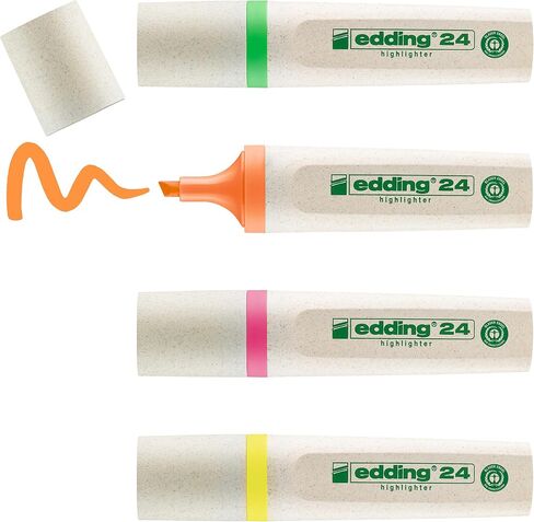 edding 24 EcoLine highlighter - set of 4 - yellow, orange, pink, green - chisel nip 2-5 mm - for quick and easy marking and highlighting of texts and notes - refillable, made of recyclable material in Saudi Arabia