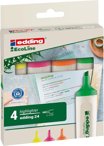 edding 24 EcoLine highlighter - set of 4 - yellow, orange, pink, green - chisel nip 2-5 mm - for quick and easy marking and highlighting of texts and notes - refillable, made of recyclable material in Saudi Arabia