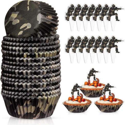 Vesici 200 Counts Cupcake Liners و 200 Counts Cupcake Toppers Round Cupcake Cups Cups Cuffin Liners Forgenue Bedding Baby Shower First Supplies (Camouflage) in Kuwait