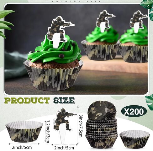 Vesici 200 Counts Cupcake Liners و 200 Counts Cupcake Toppers Round Cupcake Cups Cups Cuffin Liners Forgenue Bedding Baby Shower First Supplies (Camouflage) in Kuwait