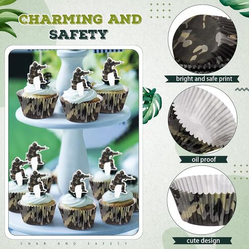 Vesici 200 Counts Cupcake Liners و 200 Counts Cupcake Toppers Round Cupcake Cups Cups Cuffin Liners Forgenue Bedding Baby Shower First Supplies (Camouflage) in Kuwait