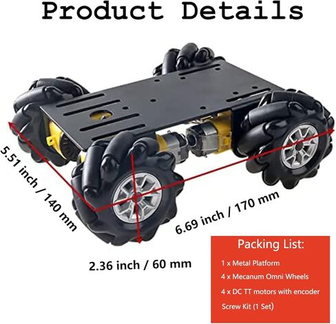 محترف 60 مم mecanum هيكل سيارة سيارة MC100 لـ Arduino/Raspberry Pi/Micobit ، جهاز التحكم عن بعد 4WD Metal Smart Robot Chassis Kit Omnidirectional Wheel مع DC TT Motor DIY Toy AI ROS STAM in Kuwait