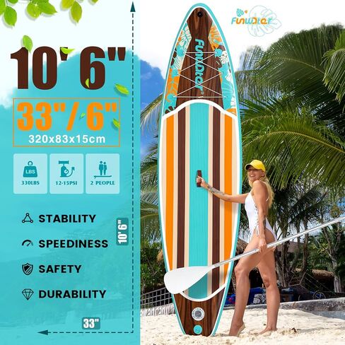 FunWater 11'x33 x6 لوح مجداف قابل للنفخ مع مجداف وزعانف ومقود ومضخة وحقيبة ظهر وحقيبة هاتف خلوي مقاومة للماء لركوب الأمواج والسباق والتجديف والتجول لجميع المستويات in Kuwait