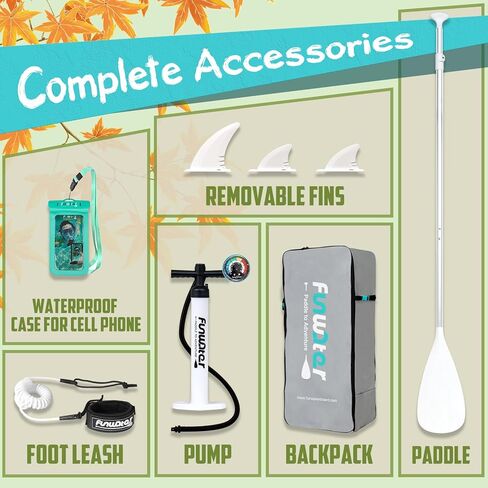 FunWater 11'x33 x6 لوح مجداف قابل للنفخ مع مجداف وزعانف ومقود ومضخة وحقيبة ظهر وحقيبة هاتف خلوي مقاومة للماء لركوب الأمواج والسباق والتجديف والتجول لجميع المستويات in Kuwait