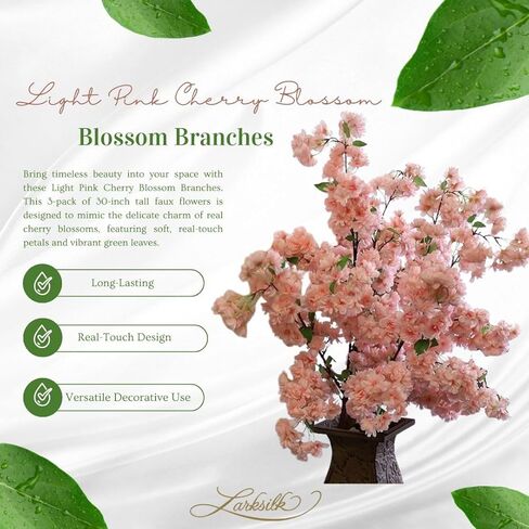 لاركسيلك فروع ازهار الكرز بلون زهري فاتح، ثلاثة ازهار الكرز مقاس 30 انش، الوان بينك فاتح واخضر، اوراق خضراء نابضة بالحياة، ديكور للمنزل والعمل، زهرة وطنية يابانية in Kuwait