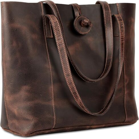شنطة يد كبيرة توت من الجلد الطبيعي بتصميم فينتاج للنساء، شنطة كتف للمكتب واللاب توب، لون بني، مقاس L in Kuwait