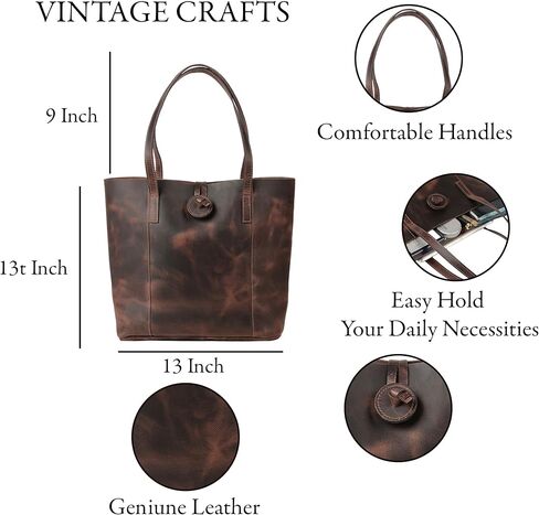 شنطة يد كبيرة توت من الجلد الطبيعي بتصميم فينتاج للنساء، شنطة كتف للمكتب واللاب توب، لون بني، مقاس L in Kuwait
