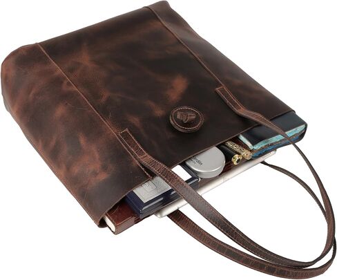 شنطة يد كبيرة توت من الجلد الطبيعي بتصميم فينتاج للنساء، شنطة كتف للمكتب واللاب توب، لون بني، مقاس L in Kuwait