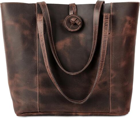 شنطة يد كبيرة توت من الجلد الطبيعي بتصميم فينتاج للنساء، شنطة كتف للمكتب واللاب توب، لون بني، مقاس L in Kuwait