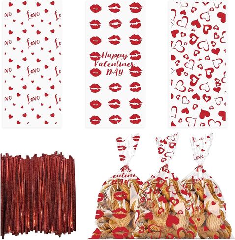 150 PCS Happy Valentine's Day Cellophane Bags with Twist Ties for Gifts, Red Pink Heart Candy Bag Sweet Love Cello Treat Bages Valentines Treat Bags for Cookie Candy Goodies Wrapping Supplies in Saudi Arabia