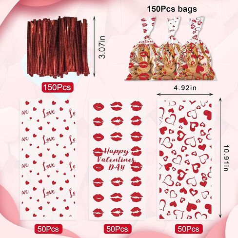 150 PCS Happy Valentine's Day Cellophane Bags with Twist Ties for Gifts, Red Pink Heart Candy Bag Sweet Love Cello Treat Bages Valentines Treat Bags for Cookie Candy Goodies Wrapping Supplies in Saudi Arabia