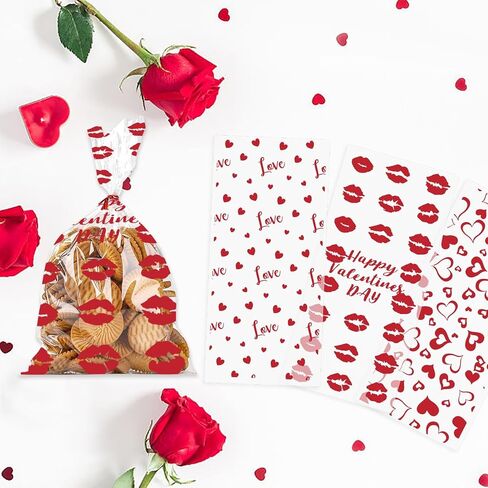 150 PCS Happy Valentine's Day Cellophane Bags with Twist Ties for Gifts, Red Pink Heart Candy Bag Sweet Love Cello Treat Bages Valentines Treat Bags for Cookie Candy Goodies Wrapping Supplies in Saudi Arabia