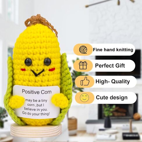 Funny Positive Corn Gift, Cute Knitted Corn Doll with Front Card and Wooden Base.Birthday Party Gift Car Decoration Room Office Decoration Encouragement Corn (A17) in Kuwait