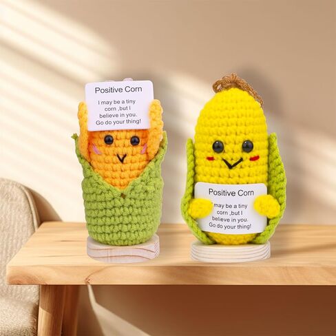Funny Positive Corn Gift, Cute Knitted Corn Doll with Front Card and Wooden Base.Birthday Party Gift Car Decoration Room Office Decoration Encouragement Corn (A17) in Kuwait