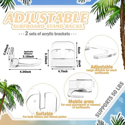 Yousoontic 2 Sets Surfboard Wall Mount Rack Clear Acrylic Surf Board Wall Display Vertical Surfboard Wall Rack Storage Holder for Surfboards Short Boards Snowboard Holds 50 Lbs(Hook Base) in Saudi Arabia