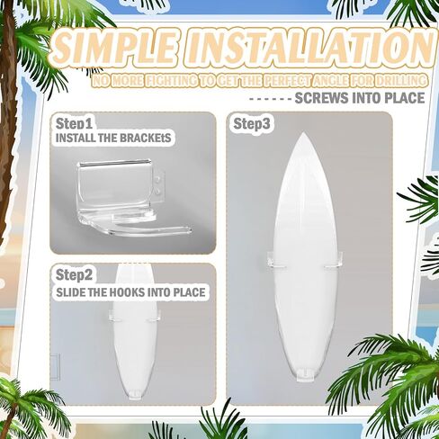Yousoontic 2 Sets Surfboard Wall Mount Rack Clear Acrylic Surf Board Wall Display Vertical Surfboard Wall Rack Storage Holder for Surfboards Short Boards Snowboard Holds 50 Lbs(Hook Base) in Saudi Arabia