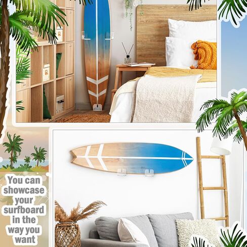 Yousoontic 2 Sets Surfboard Wall Mount Rack Clear Acrylic Surf Board Wall Display Vertical Surfboard Wall Rack Storage Holder for Surfboards Short Boards Snowboard Holds 50 Lbs(Hook Base) in Saudi Arabia