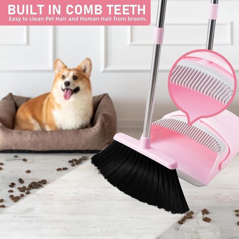 Broom and Dustpan Set, Outdoor Broom Dustpan Combo Set Home Commercial Cleaning Supplies Angle Broom with Long Handle Perfect for Courtyard Garage Street Pink in Saudi Arabia