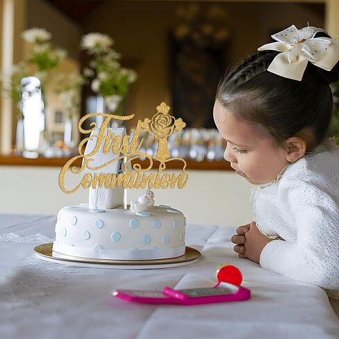 Rose Gold Glitter First Compleion Cake Topper ، يوم المعمودية/في تأكيدك ، مستلزمات زخارف حفلة عيد ميلاد الطفل المعمودية الأولى in Saudi Arabia