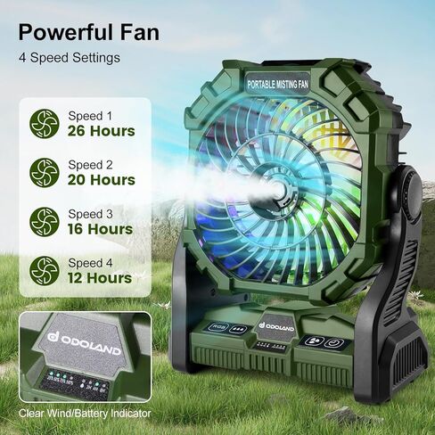 Odoland Portable Misting Fan, Camping Fan with RGB Light & 250mL Water Tank,10000mAh Battery Operated Rechargeable Mister Tent Fan with Hook, Cooling Mist Fans for Outdoor Patios Beach RV Car Summer in Kuwait