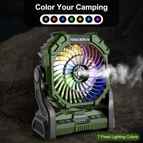 Odoland Portable Misting Fan, Camping Fan with RGB Light & 250mL Water Tank,10000mAh Battery Operated Rechargeable Mister Tent Fan with Hook, Cooling Mist Fans for Outdoor Patios Beach RV Car Summer in Kuwait