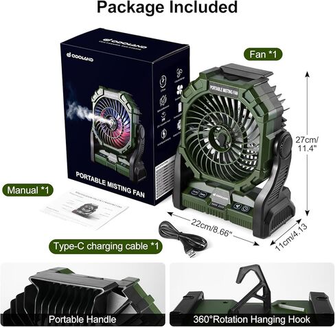 Odoland Portable Misting Fan, Camping Fan with RGB Light & 250mL Water Tank,10000mAh Battery Operated Rechargeable Mister Tent Fan with Hook, Cooling Mist Fans for Outdoor Patios Beach RV Car Summer in Kuwait