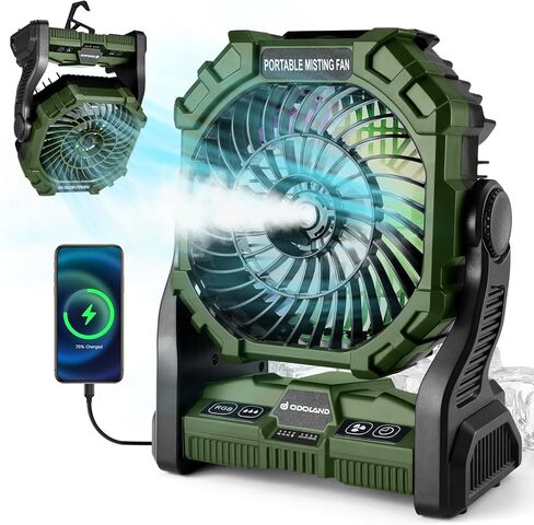 Odoland Portable Misting Fan, Camping Fan with RGB Light & 250mL Water Tank,10000mAh Battery Operated Rechargeable Mister Tent Fan with Hook, Cooling Mist Fans for Outdoor Patios Beach RV Car Summer in Kuwait