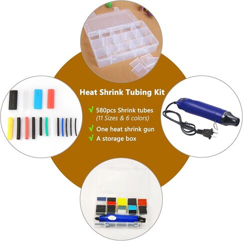580 Pcs Heat Shrink Tubing Kit,Mini Heat Gun for Shrink Tubing,300W/392℉ Heat Shrink Gun,2:1 Wire Shrink Wrap Tubing for Wires,Shrink Wrap and Cable Repair. in Saudi Arabia