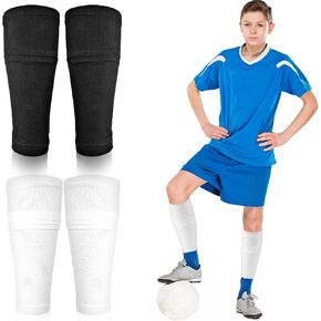 Grevosea 2 Pairs Soccer Shin Guard Sleeves, Soccer Shin Guards with Optimized Insert Pocket Breathable Soccer Sleeve Socks Calf Compression Sleeve for Kids Youth Teenagers Adults Football Games