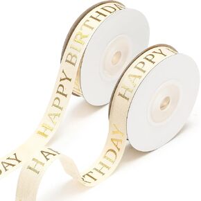 20 Yards Happy Birthday Cotton Ribbon Glitter Gold & White 5/8 Inch for Gift Wrapping Cake Bouquet Decor Birthday Party Decorations