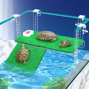 Turtle Basking Platform with Artificial Grass & Adjustable Ramp Non-Slip Large Dock for Aquatic Turtles Fits 0.31"-2.11" Thick Tanks Durable Acrylic Turtle Tank Accessories 13 Inch