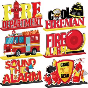 AMYHILL 6 PCS FIRETRUCK Party Table Centerces Fire Truck Decords حفلة عيد ميلاد زخارف طاولة خشبية توقيع Firefighter Fire Hat Firemanker for Party Fords Supplies
