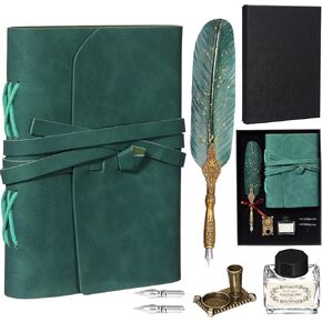 6 Pcs Vintage Leather Bound Journal Feather Pen Set Gifts 220 Pages Vintage Journal Diary Leather Notebook Feather Pen in Gift Box Back to School Supplies for Men and Women(Dark Green)