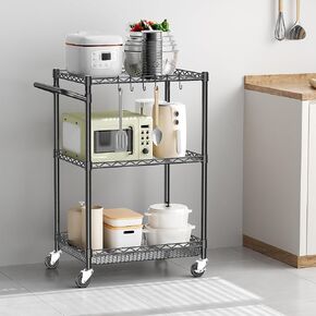 Metal Rolling Utility Cart with Wheels, 3 Tier Kitchen Carts with Storage, Small Service Cart 750lbs with Handle &Wire Shelf, Commercial Grade Cart for Indoor & Outdoor Use