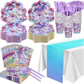 AODAER 351 PCS Mermaid Party Tableware Sets مجموعة عشاء لوحات حلوى مناديل Catlery Cup Runner لعضو حورية البحر تحت ديكورات حفلة عيد ميلاد البحر لـ 50 ضيفًا
