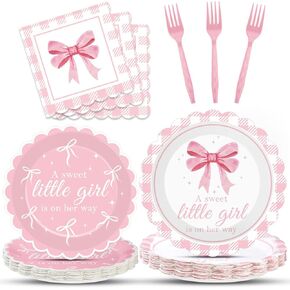 96pcs فتاة حلوة في طريقها لحفلات الحفلات Pink Boy Party Party Girl لوحات استحمام الطفل مناديل القوس القوس دش دش كويكيت عيد ميلاد يمكن التخلص منها لوازم أوان أوان لوجدات الطعام