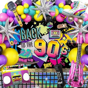 90s Party Decorations, 90s 80s Theme Birthday Party Supplies Includes Backdrop, Inflatable Boom Box, Mobile Phone& Guitar, Disco Ball Balloons, Tablecloth, Balloon Arch Kit