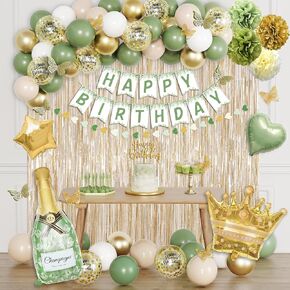 Ouddy Life Sage Green Birthday Decorations Green White Gold Confetti Balloon Fringe Starter Happy Banner Banner Cake Topper for Women Girls Boy Boho Safari Safari Wild Party Supplies
