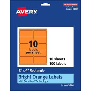 علامات مستطيلات قابلة للطباعة Avery مع تقنية التغذية المؤكدة ، 2 "× 4" ، ملصقات برتقالية زاهية ، ليزر/نفث ، 100 إجمالي ، رائع للبريد الملصقات وعلامات الشموع