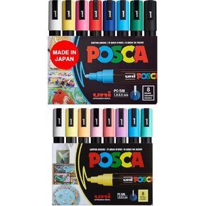 posca Markers Bundle, 16 Medium Paint Markers 5M - 8 Soft Tones + 8 Multicolor Tones