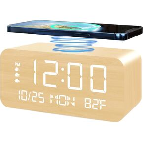 JALL Wooden Digital Alarm Clock with Wireless Charging, Dimmable, Adjustable Volume, 3 Alarms, Weekday/Weekend Mode, Snooze, Digital Clock for Bedroom, Bedside, Office (Black)