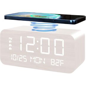 JALL Wooden Digital Alarm Clock with Wireless Charging, Dimmable, Adjustable Volume, 3 Alarms, Weekday/Weekend Mode, Snooze, Digital Clock for Bedroom, Bedside, Office (Black)