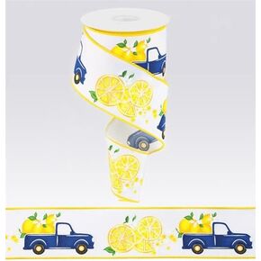 Lemon Wired Ribbon, Yellow and Blue Accent Item for Making Vibrant & Colorful Spring and Summer Wreaths, 2.5 Inch x 10 Yard, Truck, Lemonade
